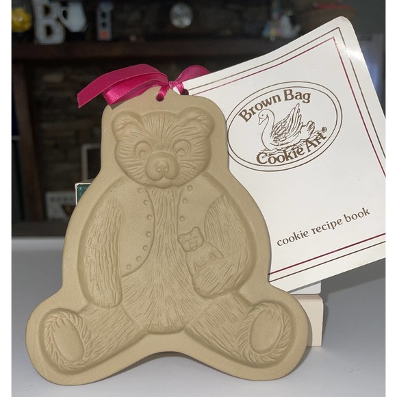 New Brown Bag Cookie Art Teddy Bear Cookie Candy Mold Stoneware 1984 Large 6" 3P - Picture 1 of 9